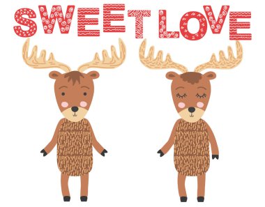 Geyik çifti. Tatlı aşk. İskandinav geyiği, çocuk izi., 