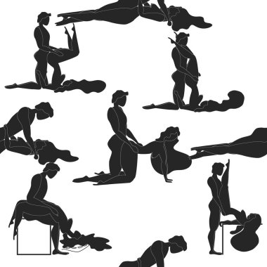 Kama Sutra, kusursuz desen, tasarım, poster, kumaş. Kamasutra, sevişmek için yarım yamalak pozlar. Hazır ol. Ayakta duran konumlar