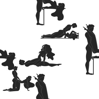Kama Sutra, kusursuz desen, tasarım, poster, kumaş. Kamasutra, sevişmek için yarım yamalak pozlar. Hazır ol. Ayakta duran konumlar