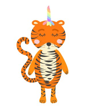 Boynuzlu sevimli komik kaplan. İskandinav tarzı düz tasarım. Çocuk yazdırma kavramı.