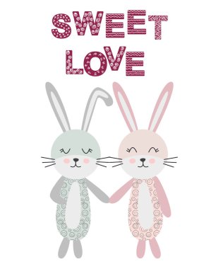 Tatlı aşk. Bir çift İskandinav tarzı tavşan, çocuk baskısı, poster, tasarım