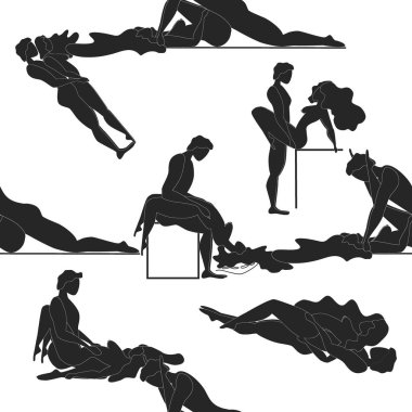Kama Sutra, kusursuz desen, tasarım, poster, kumaş. Kamasutra, sevişmek için yarım yamalak pozlar. Hazır ol. Ayakta duran konumlar