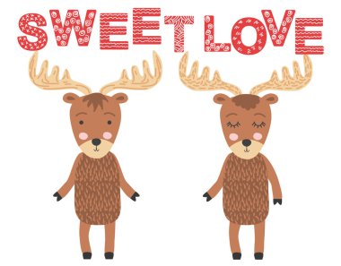 Geyik çifti. Tatlı aşk. İskandinav geyiği, çocuk izi., 