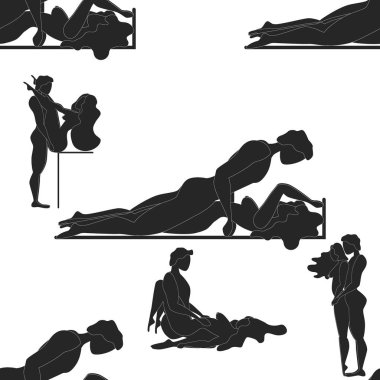 Kama Sutra, kusursuz desen, tasarım, poster, kumaş. Kamasutra, sevişmek için yarım yamalak pozlar. Hazır ol. Ayakta duran konumlar