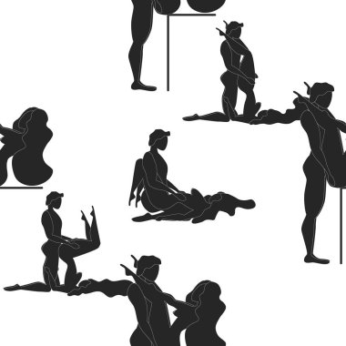 Kama Sutra, kusursuz desen, tasarım, poster, kumaş. Kamasutra, sevişmek için yarım yamalak pozlar. Hazır ol. Ayakta duran konumlar