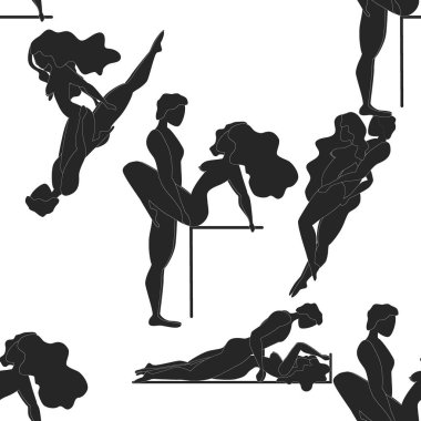 Kama Sutra, kusursuz desen, tasarım, poster, kumaş. Kamasutra, sevişmek için yarım yamalak pozlar. Hazır ol. Ayakta duran konumlar
