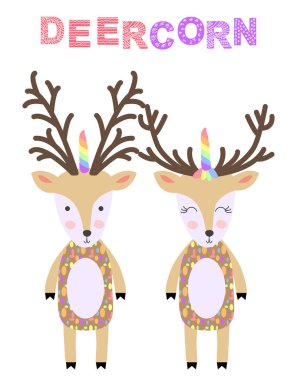 Tek boynuzlu boynuz ve çiçek taç ile sevimli geyik grafik