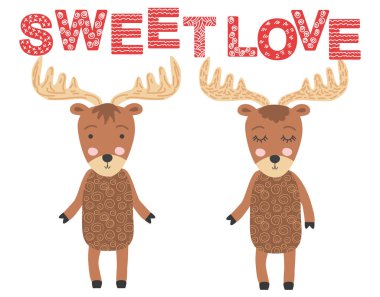 Geyik çifti. Tatlı aşk. İskandinav geyiği, çocuk izi., 