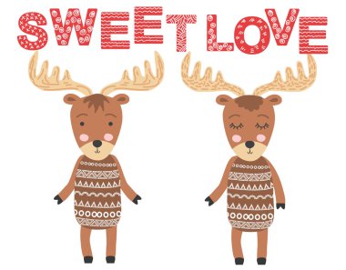 Geyik çifti. Tatlı aşk. İskandinav geyiği, çocuk izi., 