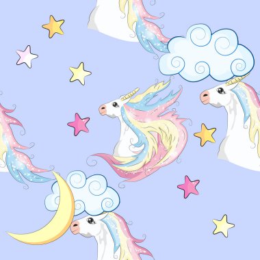 Kusursuz tek boynuzlu at deseni. Tatlı tek boynuzlu atlar, bulutlar ve yıldızlarla sihirli arka plan.
