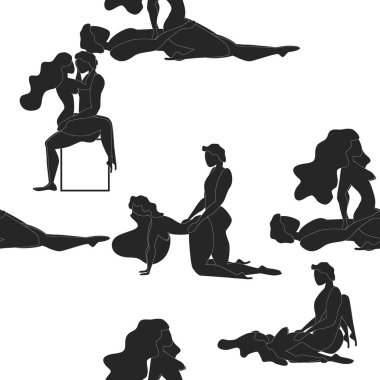 Kama Sutra, kusursuz desen, tasarım, poster, kumaş. Kamasutra, sevişmek için yarım yamalak pozlar. Hazır ol. Ayakta duran konumlar