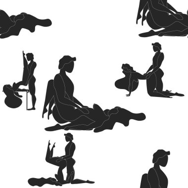 Kama Sutra, kusursuz desen, tasarım, poster, kumaş. Kamasutra, sevişmek için yarım yamalak pozlar. Hazır ol. Ayakta duran konumlar
