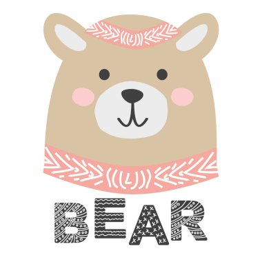 İskandinav tarzında tatlı uyuyan ayı çizgi filmi. Çocuk odası için çocukça baskılar, çocuk kıyafetleri, poster, kartpostal..