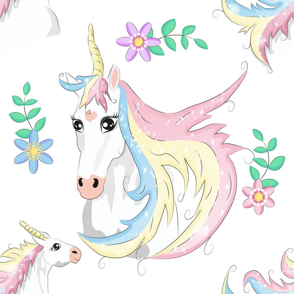 Pola unicorn tak terawat. Latar belakang sihir dengan unicorn lucu, awan dan bintang-bintang . - Stok Vektor