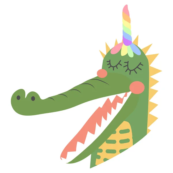 Lindo cocodrilo divertido con un cuerno de unicornio, diseño plano de estilo escandinavo. Concepto para niños imprimir . — Vector de stock