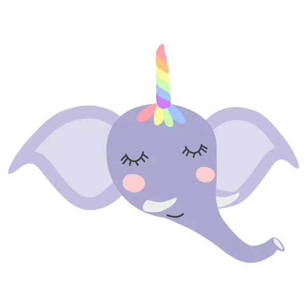 Dibuja a mano la ilustración de un lindo elefante divertido con un cuerno de unicornio. Diseño plano de estilo escandinavo. Concepto para niños imprimir . — Archivo Imágenes Vectoriales