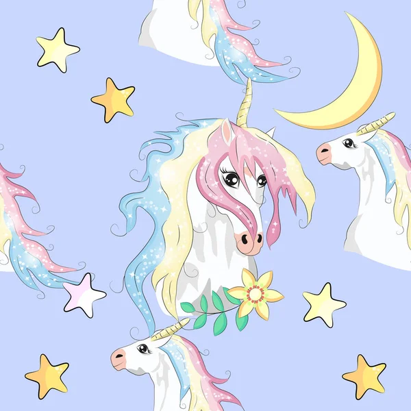 Pola mulus dengan siluet unicorn. Latar belakang sihir yang lucu. Gambar dinding fantasi - Stok Vektor