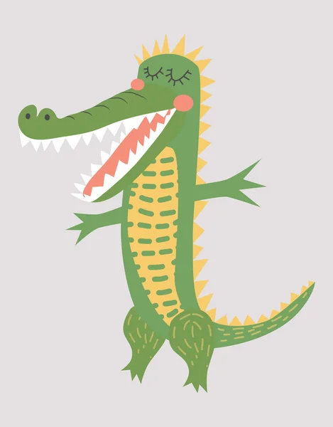 Cute alligator. Cartoon creative crocodile illustration in scandinavian style. print — Stock Vector
