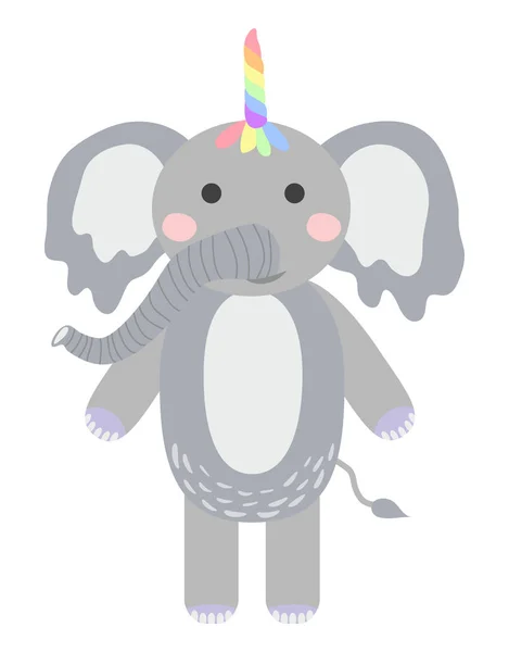 Handzeichnen Illustration eines niedlichen lustigen Elefanten mit einem Einhorn Horn. flaches Design im skandinavischen Stil. Konzept für Kinder. — Stockvektor