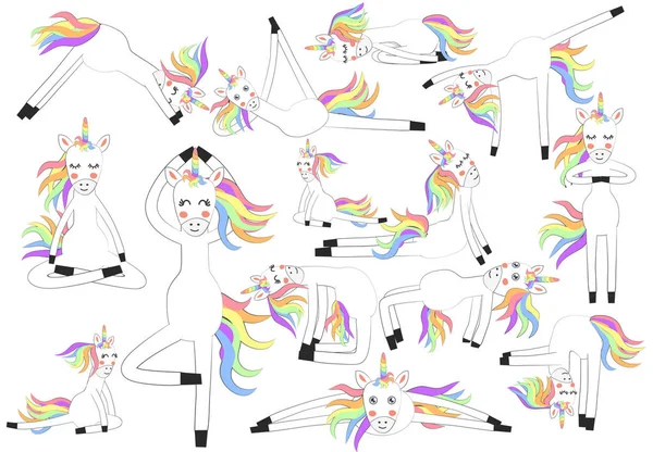 Unicorno fare yoga, insieme di posizioni. Illuminazione, esercizio, d — Vettoriale Stock