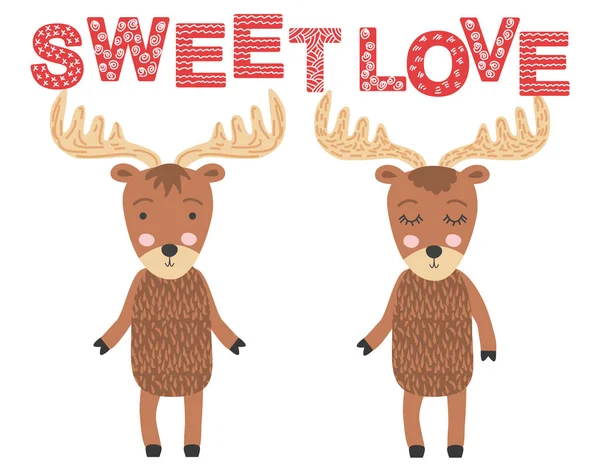 Moose couple. Sweet love. Scandinavian moose, children's print, — Stock Vector