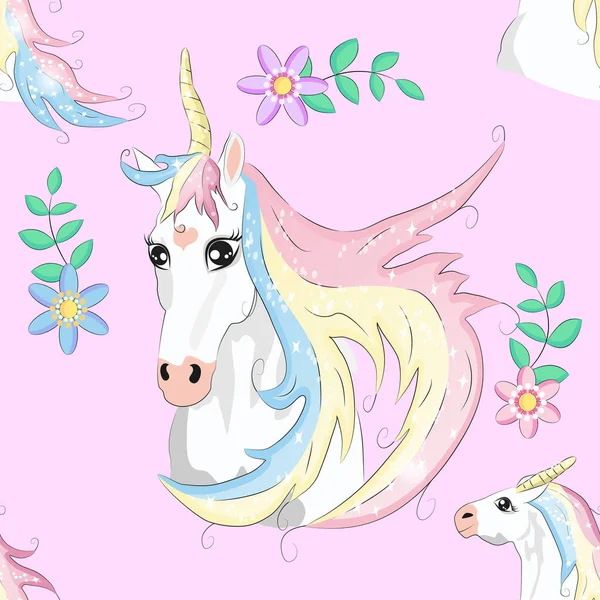 Pola tak berjahit kartun. Unicorn dengan pelangi dan awan, desig - Stok Vektor