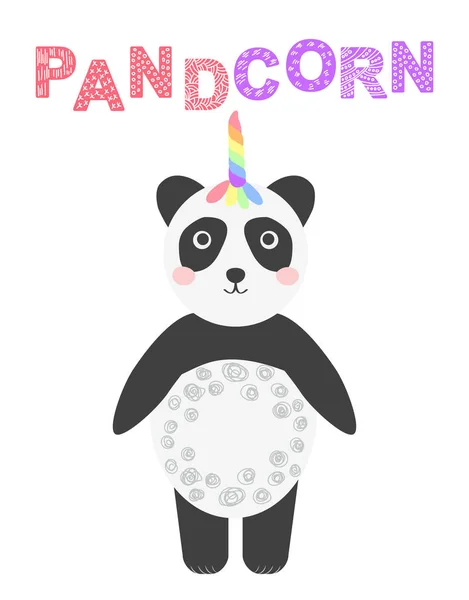 Pandakornis. Aranyos panda egyszarvú szarvval a szivárvány színében. illusztráció skandináv stílusban. — Stock Vector