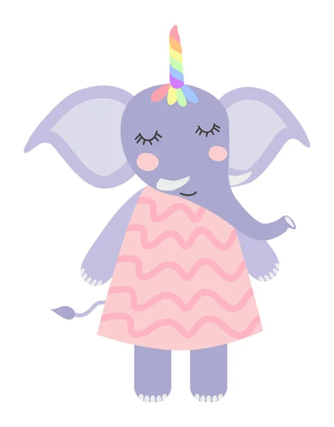 Dibuja a mano la ilustración de un lindo elefante divertido con un cuerno de unicornio. Diseño plano de estilo escandinavo. Concepto para niños imprimir . — Archivo Imágenes Vectoriales