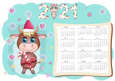 White ox calendar or planner for 2021 with kawaii cartoon bull, bull or cow, New Year character, cute characters. Week Starts Sunday clipart