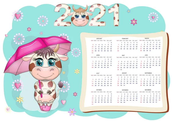 Белый Календарь Календарь 2021 Год Мультяшным Быком Быком Коровой Новогодним — стоковый вектор