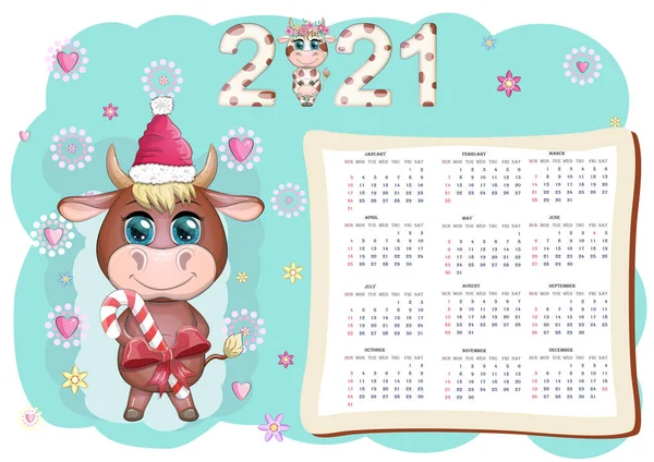 Calendario Pianificatore Bue Bianco 2021 Con Toro Cartone Animato Kawaii — Vettoriale Stock