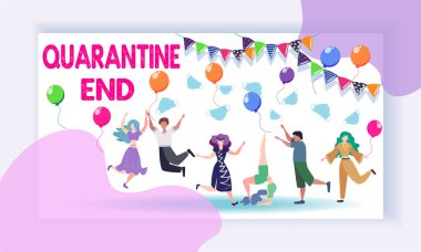 Salgını sona erdirme kavramı. İnsanlar karantinanın bitişini kutluyor, havaya maske takıyor. Koronavirüs salgını covid-19. Pankart. Karantina sona eriyor. Karantina iptal edildi.