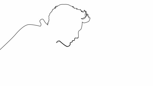 Um homem com um portátil. Auto-desenho uma animação simples de um desenho contínuo de uma linha . — Vídeo de Stock