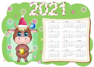 Takvim 2021. Boğa yeni yılın sembolü, Çizgi film ineği. Çin yıldız falı takvimi. Hafta pazar günü başlıyor..
