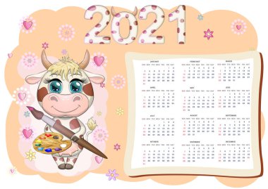 Takvim 2021. Boğa yeni yılın sembolü, Çizgi film ineği. Çin yıldız falı takvimi. Hafta pazar günü başlıyor..