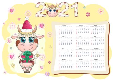 Calendar 2021. The bull is a symbol of the new year, Cartoon cow. Chinese horoscope. Week starts on Sunday. clipart