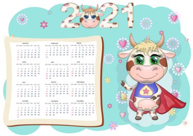 2021 yılı için beyaz öküz takvimi, kawaii çizgi filmi boğa ya da inek, yeni yıl karakteri, sevimli karakterler. Hafta Pazar Başlıyor