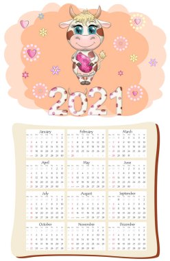 2021 'in beyaz öküz takvimi ya da planlayıcısı, kawaii çizgi film boğası, boğa ya da inek, Yeni Yıl karakteri, sevimli karakterler. Hafta Pazar Başlıyor