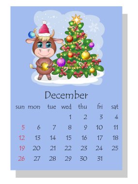 Takvim 2021. Aralık ayı için şirin boğa ve inek.