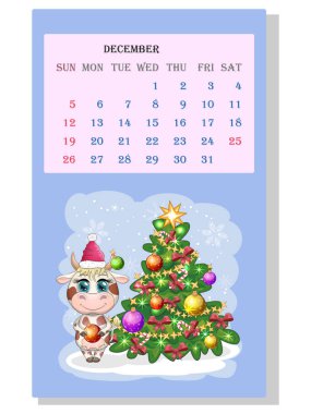 Takvim 2021. Aralık ayı için şirin boğa ve inek.