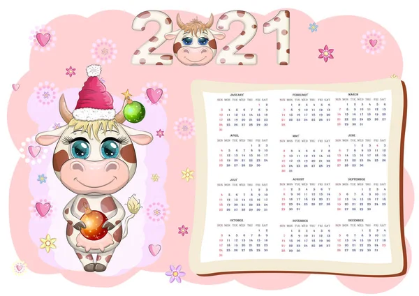 Kalendarz 2021 Byk Jest Symbolem Nowego Roku Kreskówkowa Krowo Chiński — Wektor stockowy