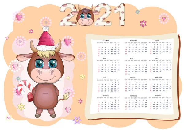 Calendrier Bœuf Blanc Pour 2021 Avec Taureau Dessin Animé Kawaii — Image vectorielle