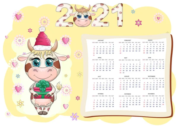 2021年カレンダー 牛は新年のシンボル 漫画の牛です 中国のホロスコープ 週は日曜日から始まる — ストックベクタ