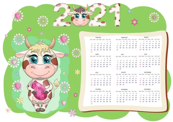 Calendrier 2021 Taureau Est Symbole Nouvelle Année Vache Cartoon Horoscope — Image vectorielle