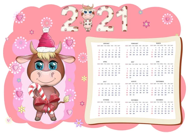 Calendario Bue Bianco 2021 Con Toro Cartone Animato Kawaii Toro — Vettoriale Stock