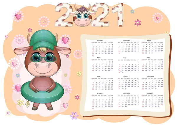 Calendario Buey Blanco Para 2021 Con Toro Dibujos Animados Kawaii — Vector de stock