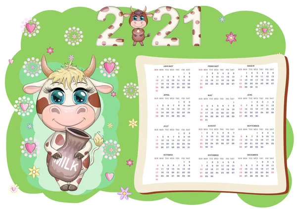 Witte Kalender Voor 2021 Met Kawaii Cartoon Stier Koe Nieuwjaar — Stockvector