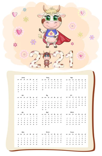 Calendario Buey Blanco Para 2021 Con Toro Dibujos Animados Kawaii — Archivo Imágenes Vectoriales