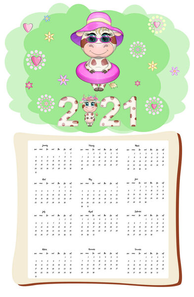 White ox calendar for 2021 with kawaii cartoon bull or cow, New Year character, cute characters. Week Starts Sunday