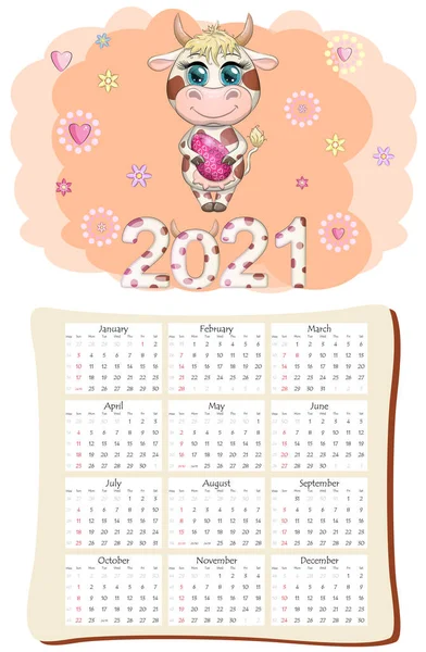 Calendario Pianificatore Bue Bianco 2021 Con Toro Cartone Animato Kawaii — Vettoriale Stock